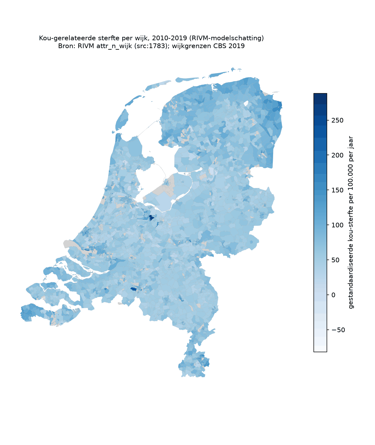 Kaart van Nederland met kou-gerelateerde sterfte per 100.000 inwoners per wijk